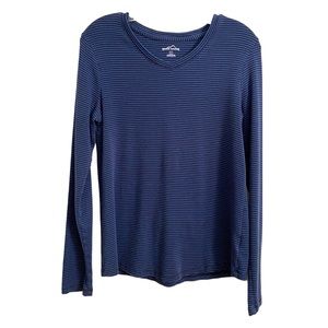 Eddie Bauer V-Neck Long Sleeve Tee Blue and Black Stripe Size Large
